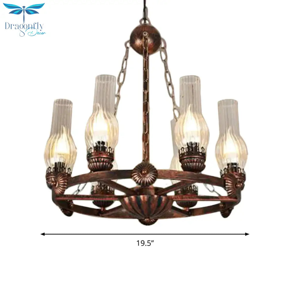 6 Bulbs Wagon Wheel Chandelier Light Traditional Clear Ribbed Glass Hanging Ceiling Fixture In