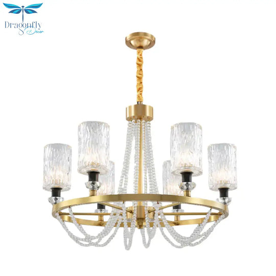 6 - Head Cylinder Chandelier Lamp Postmodern Gold Wavy Crystal Hanging Ceiling Light
