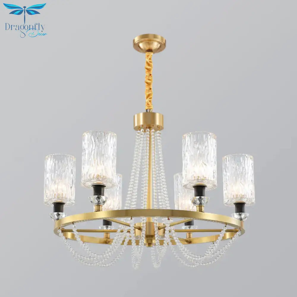 6 - Head Cylinder Chandelier Lamp Postmodern Gold Wavy Crystal Hanging Ceiling Light