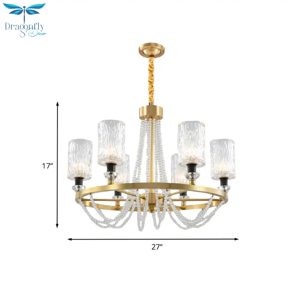 6 - Head Cylinder Chandelier Lamp Postmodern Gold Wavy Crystal Hanging Ceiling Light