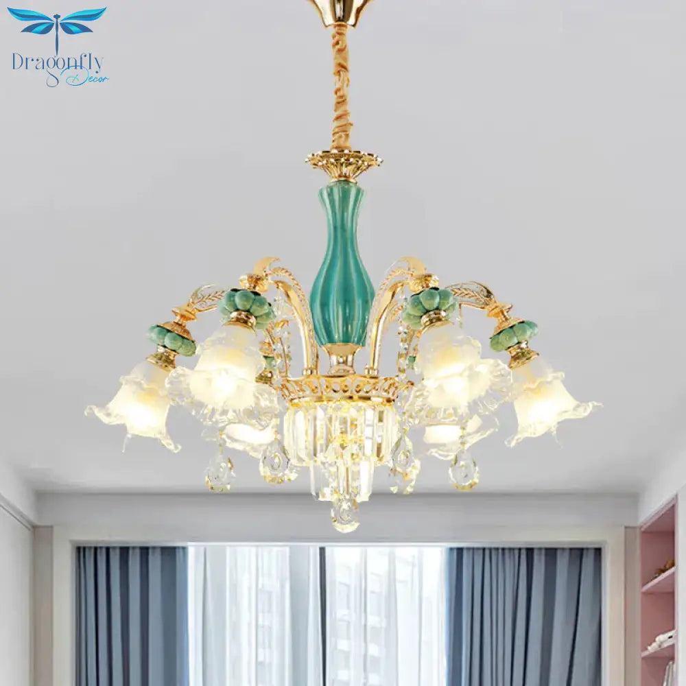 6 - Head Drooping Flower Chandelier Retro Gold - Teal Frosted Glass Suspension Lamp With Crystal