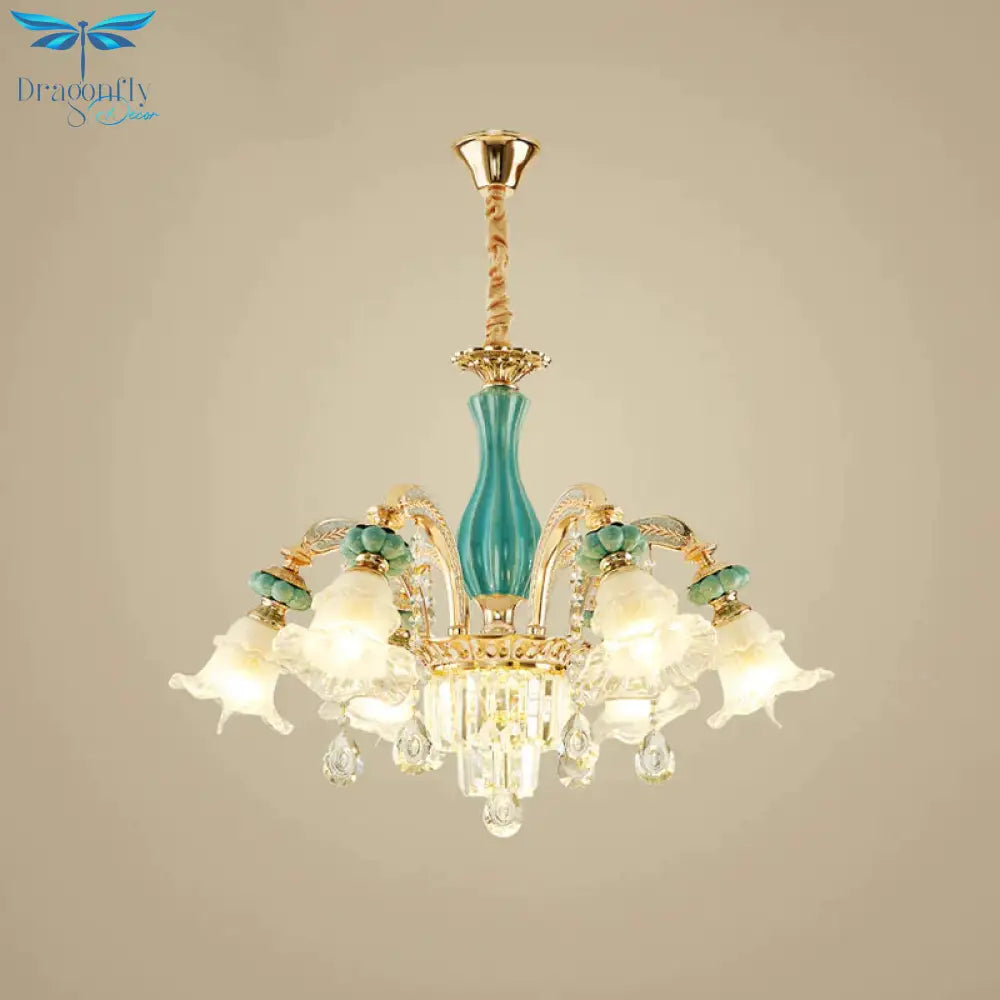 6 - Head Drooping Flower Chandelier Retro Gold - Teal Frosted Glass Suspension Lamp With Crystal