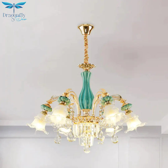 6 - Head Drooping Flower Chandelier Retro Gold - Teal Frosted Glass Suspension Lamp With Crystal