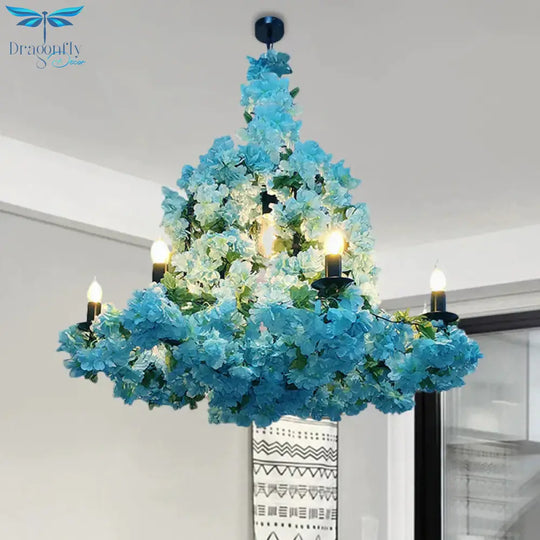 6 Heads Candle Chandelier Lighting Factory Blue/Rose Red Metallic Pendant Light Fixture With