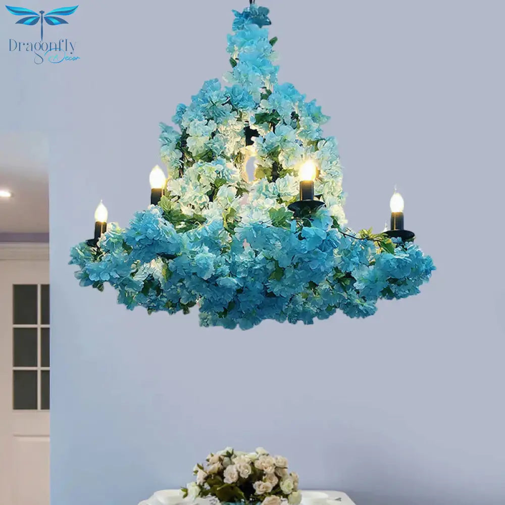 6 Heads Candle Chandelier Lighting Factory Blue/Rose Red Metallic Pendant Light Fixture With