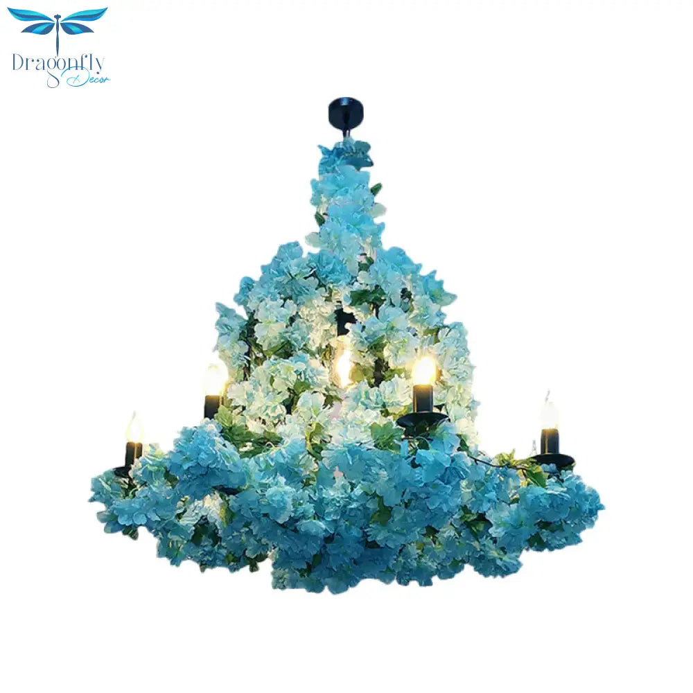 6 Heads Candle Chandelier Lighting Factory Blue/Rose Red Metallic Pendant Light Fixture With