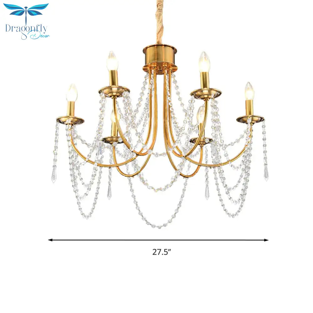 6 Heads Candle Style Ceiling Pendant Light Modern Gold Crystal Beaded Chandelier