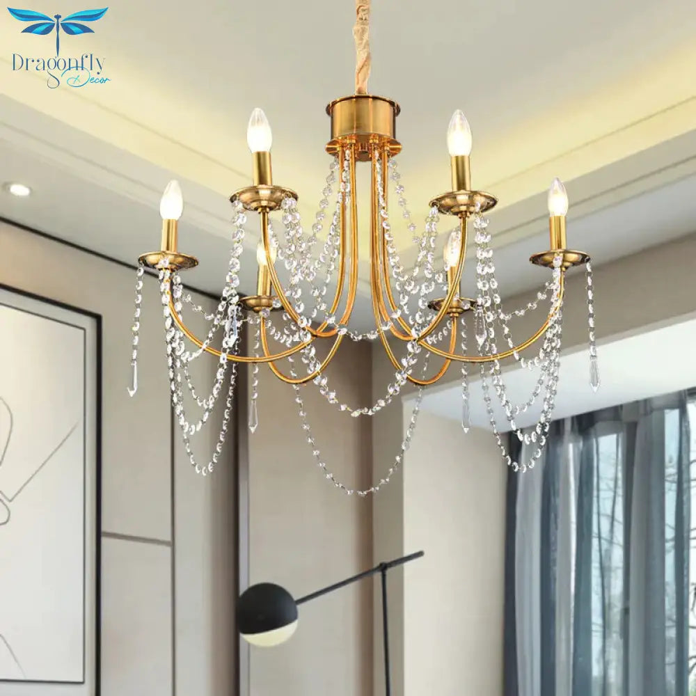 6 Heads Candle Style Ceiling Pendant Light Modern Gold Crystal Beaded Chandelier