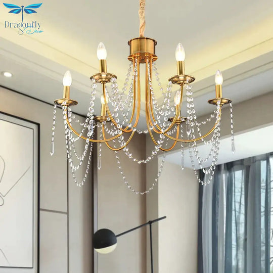 6 Heads Candle Style Ceiling Pendant Light Modern Gold Crystal Beaded Chandelier