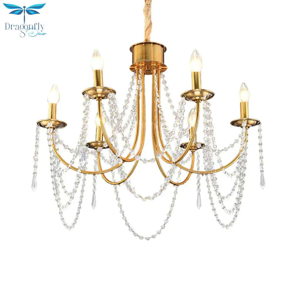 6 Heads Candle Style Ceiling Pendant Light Modern Gold Crystal Beaded Chandelier