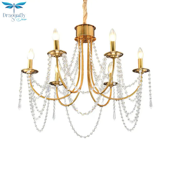 6 Heads Candle Style Ceiling Pendant Light Modern Gold Crystal Beaded Chandelier
