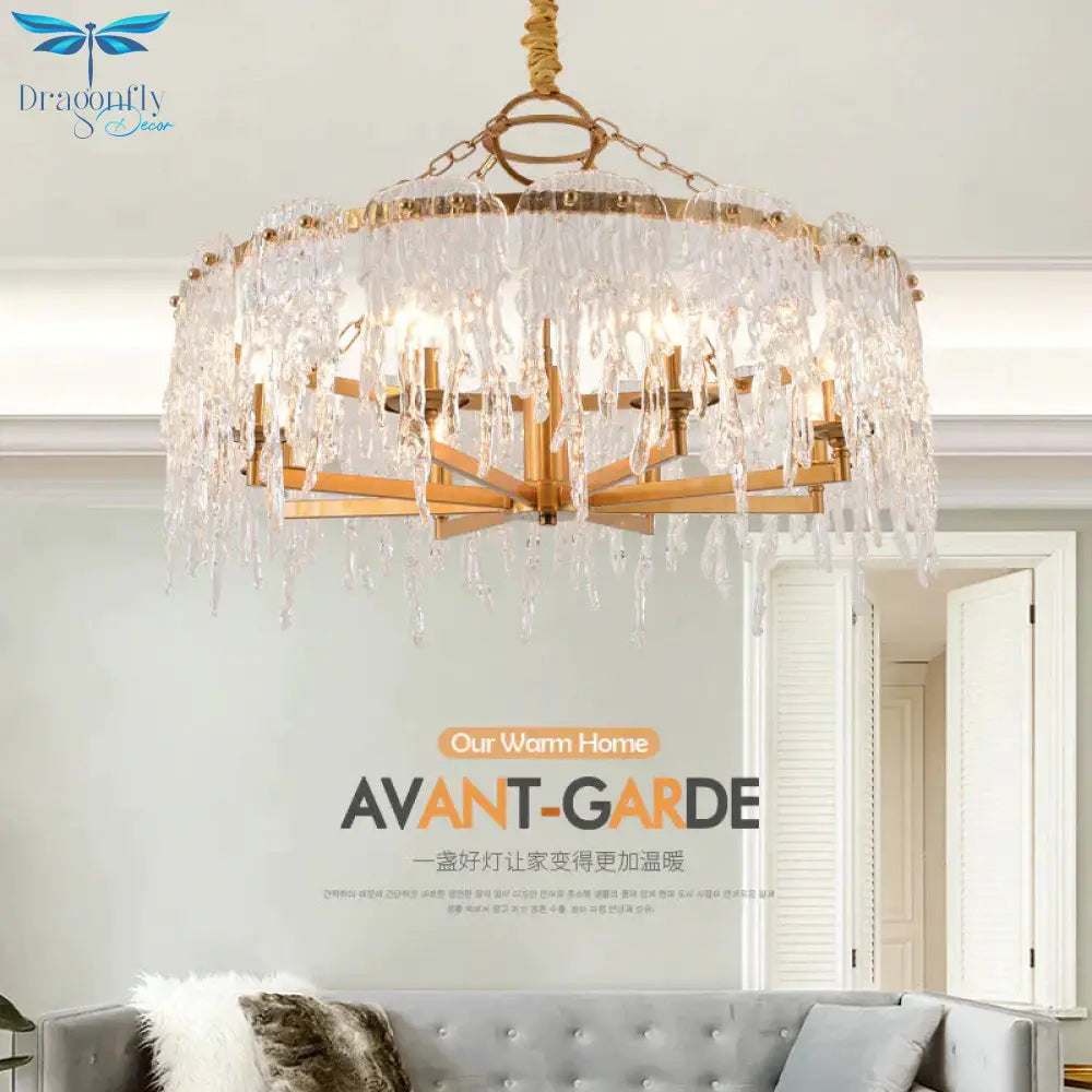 6 Heads Cascade Chandelier Lamp Modernist Crystal Ceiling Hanging Light In Brass For Living Room