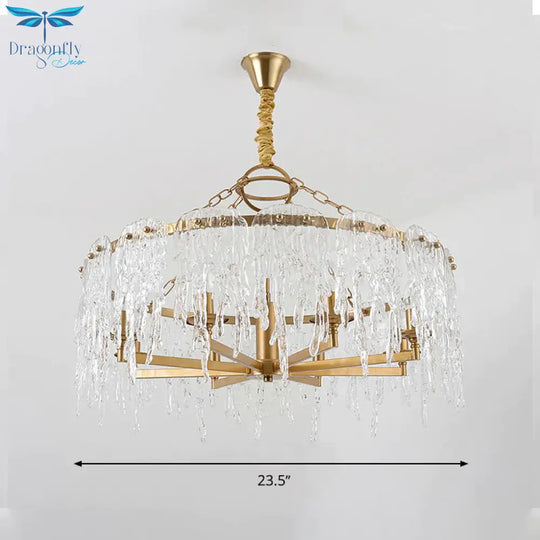 6 Heads Cascade Chandelier Lamp Modernist Crystal Ceiling Hanging Light In Brass For Living Room