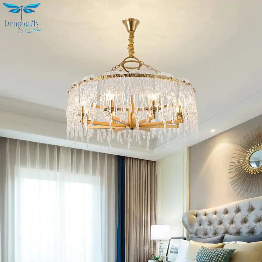 6 Heads Cascade Chandelier Lamp Modernist Crystal Ceiling Hanging Light In Brass For Living Room