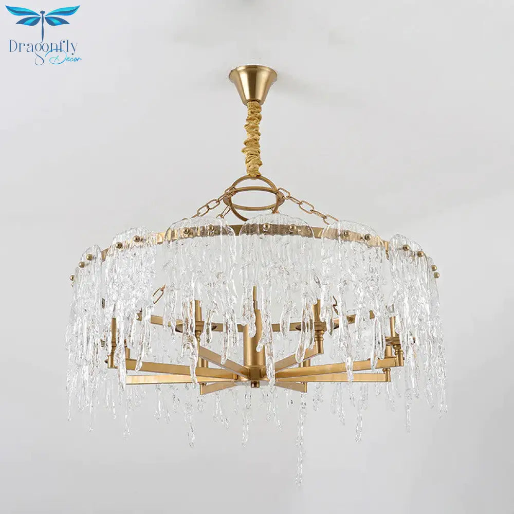 6 Heads Cascade Chandelier Lamp Modernist Crystal Ceiling Hanging Light In Brass For Living Room