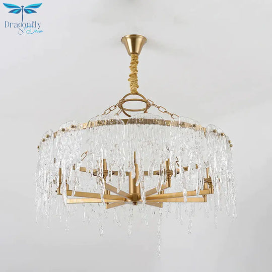 6 Heads Cascade Chandelier Lamp Modernist Crystal Ceiling Hanging Light In Brass For Living Room