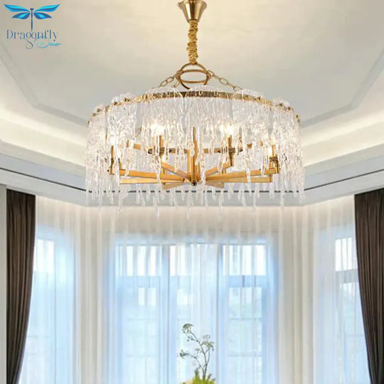 6 Heads Cascade Chandelier Lamp Modernist Crystal Ceiling Hanging Light In Brass For Living Room