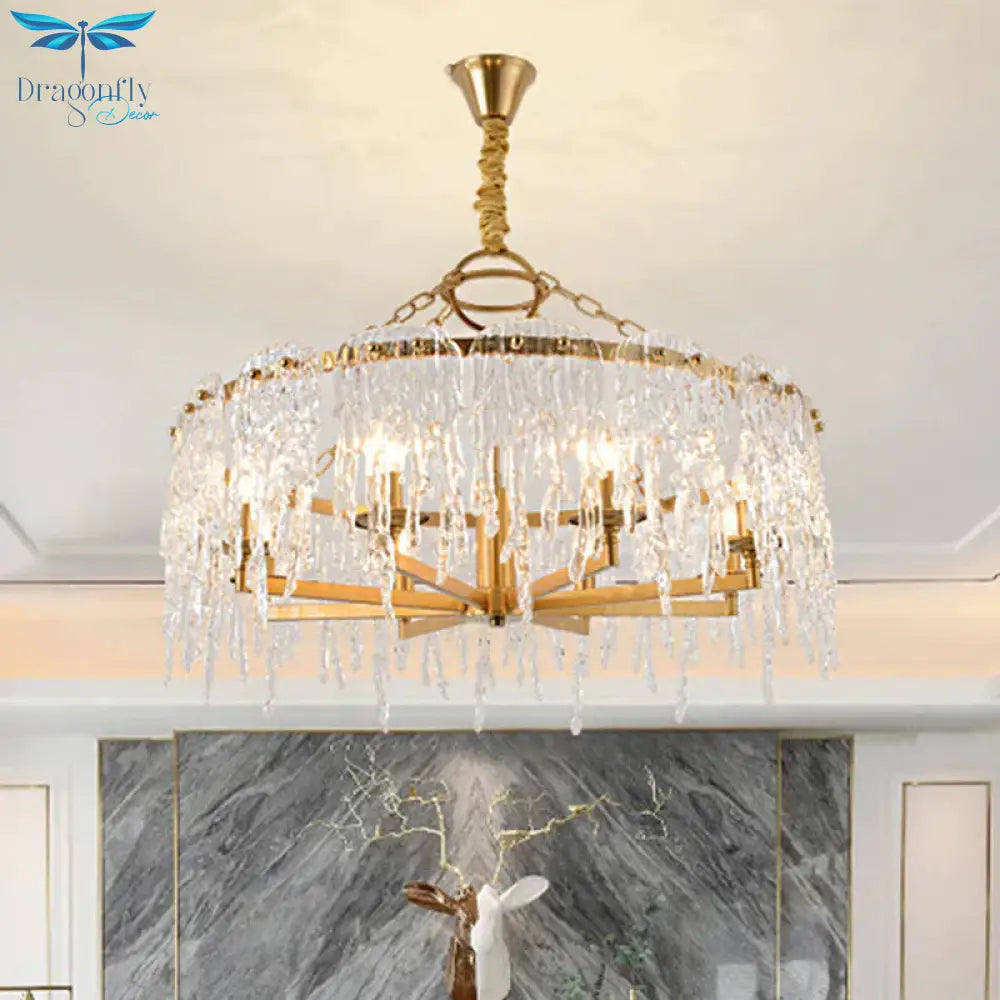 6 Heads Cascade Chandelier Lamp Modernist Crystal Ceiling Hanging Light In Brass For Living Room