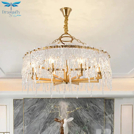 6 Heads Cascade Chandelier Lamp Modernist Crystal Ceiling Hanging Light In Brass For Living Room