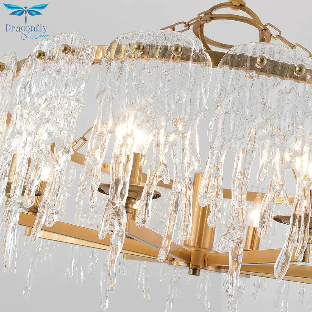 6 Heads Cascade Chandelier Lamp Modernist Crystal Ceiling Hanging Light In Brass For Living Room