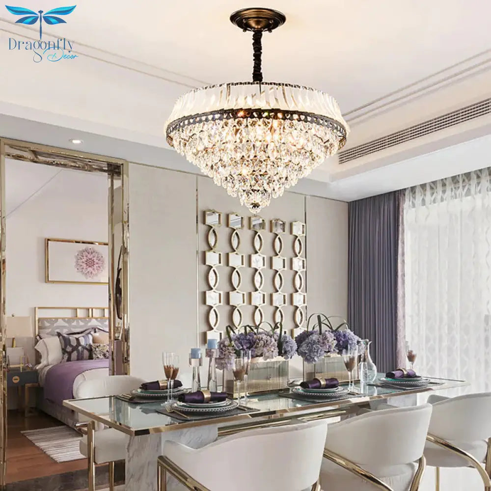6 Heads Clear Teardrop Crystal Hanging Ceiling Light Black Cone Bedroom Chandelier Lighting