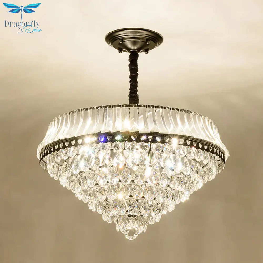6 Heads Clear Teardrop Crystal Hanging Ceiling Light Black Cone Bedroom Chandelier Lighting