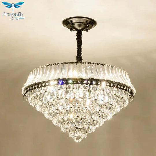 6 Heads Clear Teardrop Crystal Hanging Ceiling Light Black Cone Bedroom Chandelier Lighting