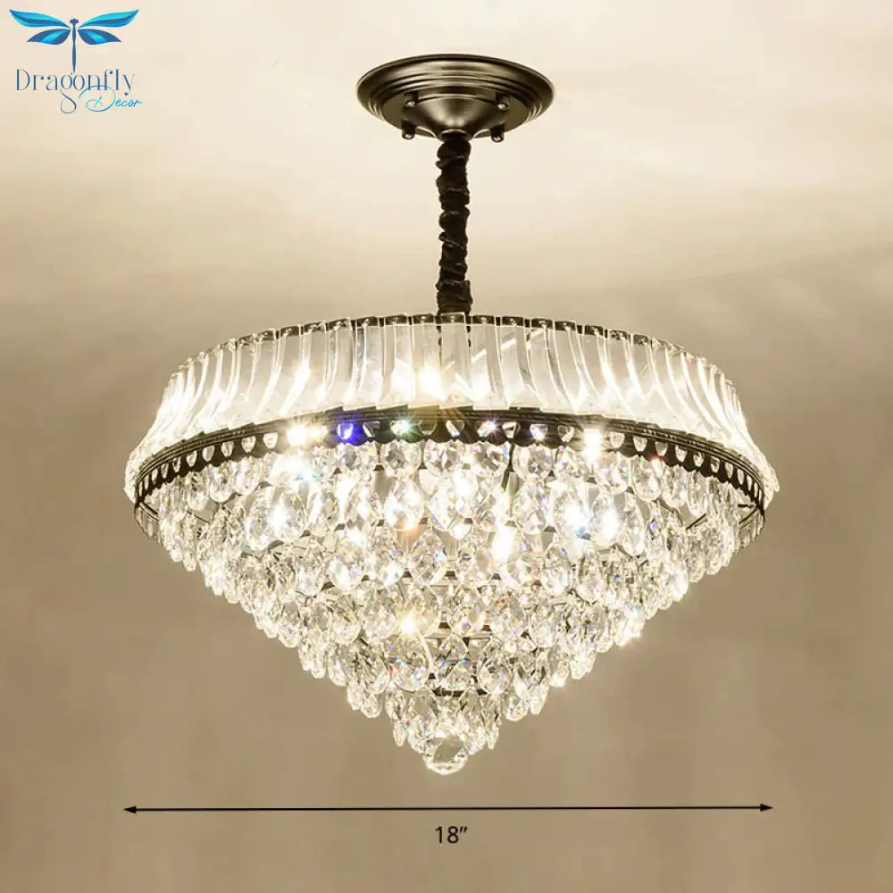 6 Heads Clear Teardrop Crystal Hanging Ceiling Light Black Cone Bedroom Chandelier Lighting