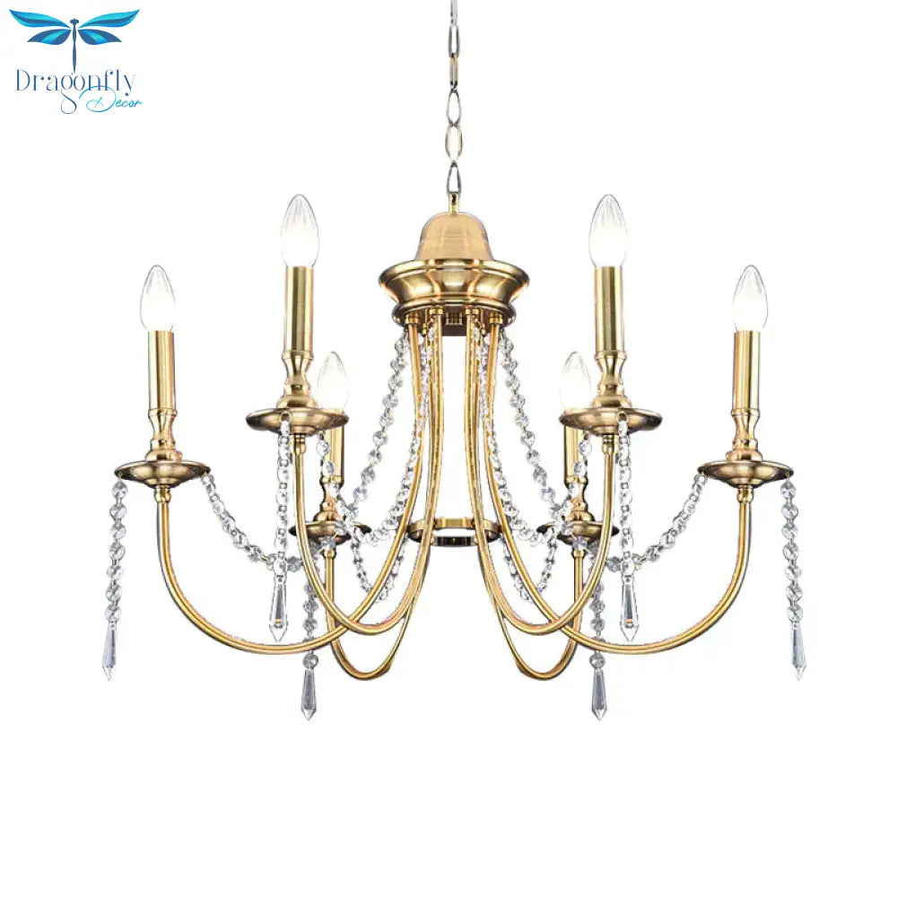6 Heads Crystal Strand Hanging Light Postmodern Gold Candle Bedroom Chandelier Lamp