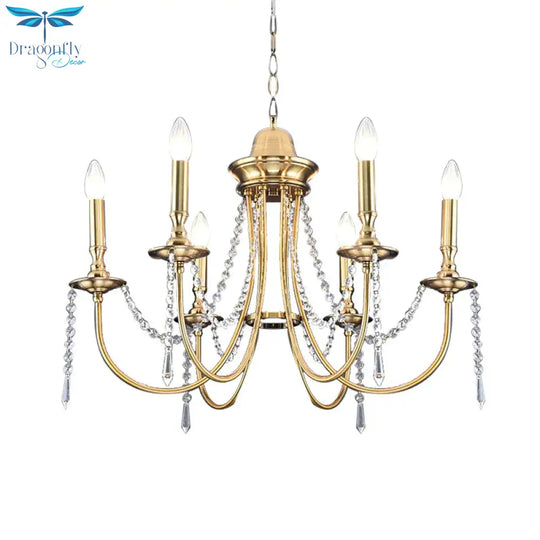 6 Heads Crystal Strand Hanging Light Postmodern Gold Candle Bedroom Chandelier Lamp
