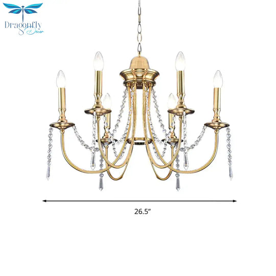 6 Heads Crystal Strand Hanging Light Postmodern Gold Candle Bedroom Chandelier Lamp