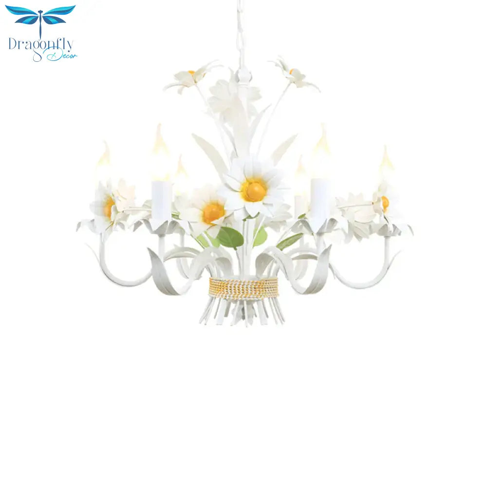 6 Heads Daisy Flower Bunch Chandelier American Garden White Iron Hanging Light With Candle Design