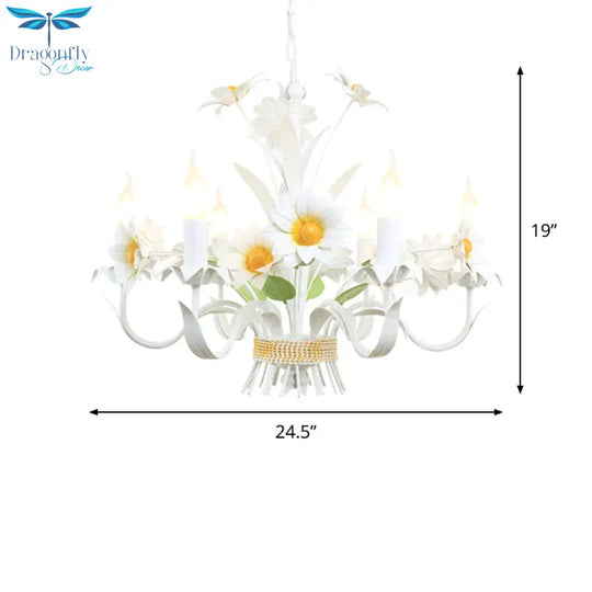 6 Heads Daisy Flower Bunch Chandelier American Garden White Iron Hanging Light With Candle Design