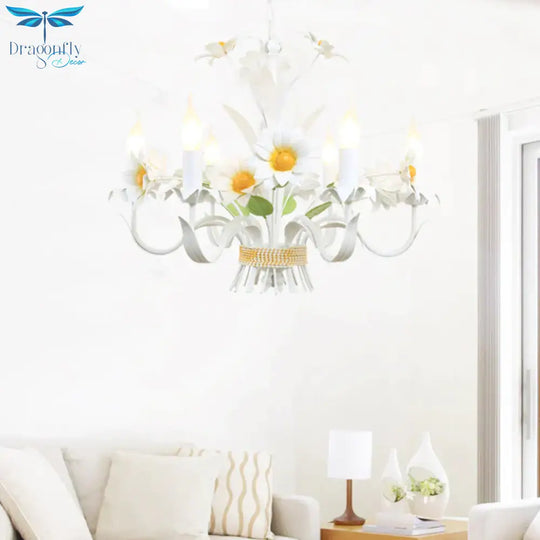 6 Heads Daisy Flower Bunch Chandelier American Garden White Iron Hanging Light With Candle Design