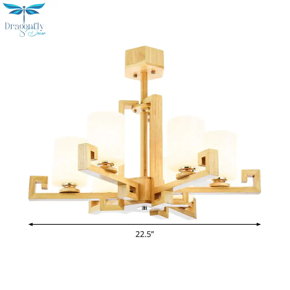 6 Heads Dining Room Ceiling Chandelier Modernism Beige Hanging Lamp Kit With Cylinder White Glass