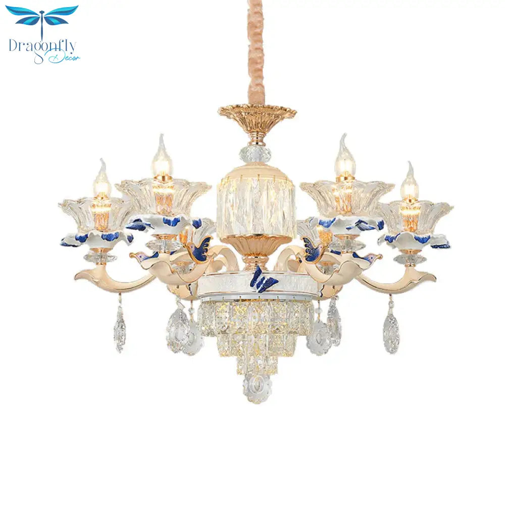 6 Heads Dining Room Chandelier Lamp Tradition Gold Hanging Light Fixture With Flared Clear Glass