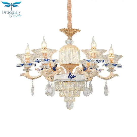 6 Heads Dining Room Chandelier Lamp Tradition Gold Hanging Light Fixture With Flared Clear Glass