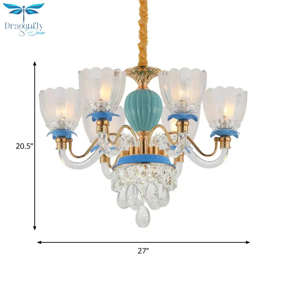 6 Heads Floral Shaped Chandelier Lamp Traditional Blue Crystal Suspension Pendant