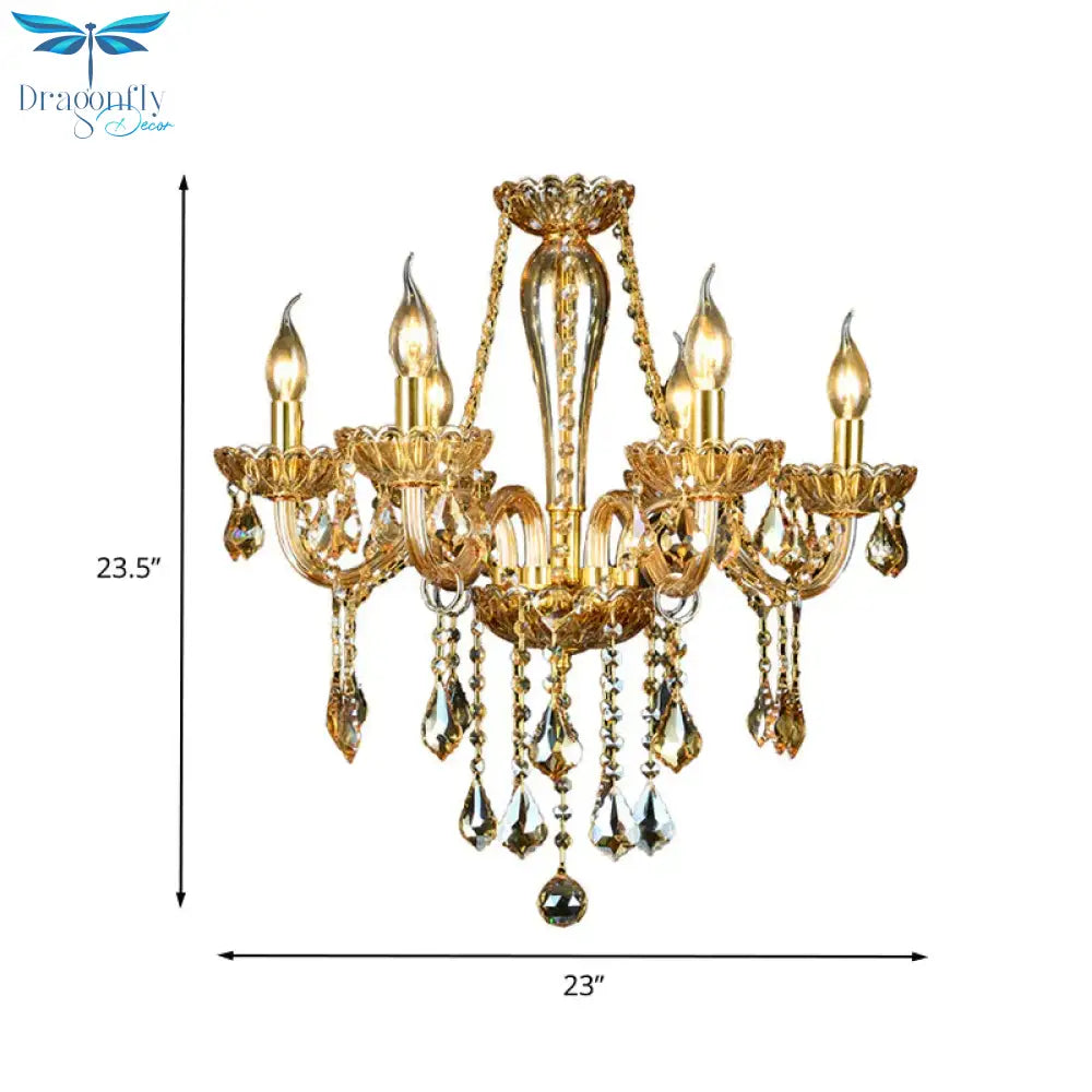 6 Heads Gold Glass Hanging Ceiling Light Traditional Candle Living Room Chandelier Lighting With
