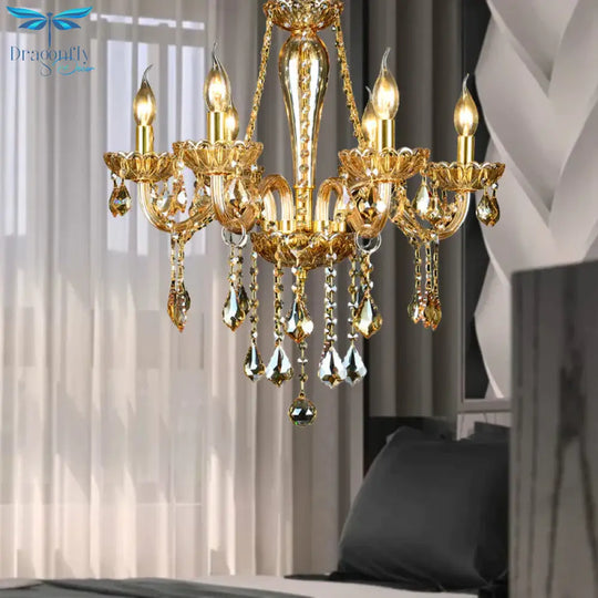 6 Heads Gold Glass Hanging Ceiling Light Traditional Candle Living Room Chandelier Lighting With