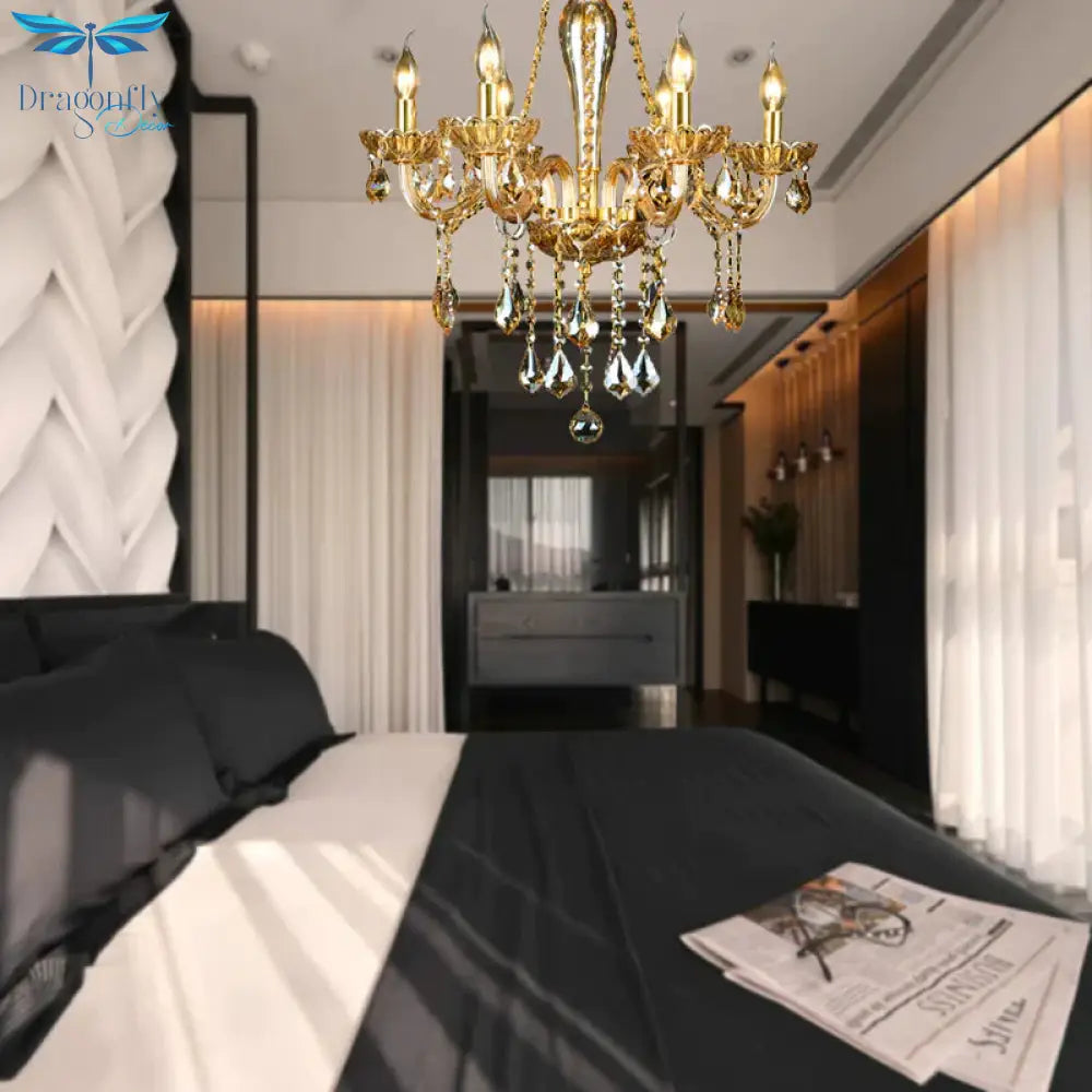 6 Heads Gold Glass Hanging Ceiling Light Traditional Candle Living Room Chandelier Lighting With