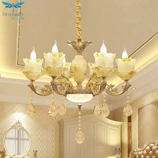 6 Heads Swirling Arm Chandelier Light Traditional Brass Crystal Bell Shade Pendant With Clear Glass