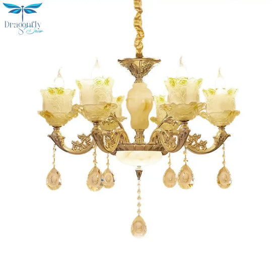 6 Heads Swirling Arm Chandelier Light Traditional Brass Crystal Bell Shade Pendant With Clear Glass