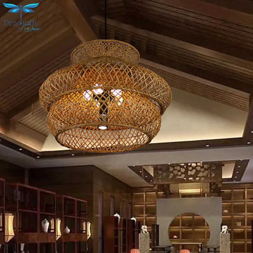 6 Heads Wide Flare Ceiling Chandelier Asian Bamboo Hanging Pendant Light In Brown