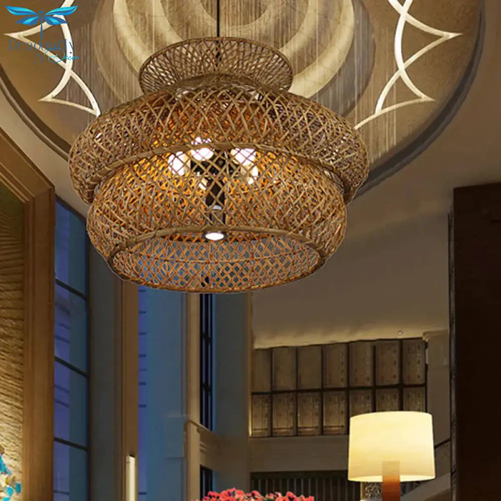 6 Heads Wide Flare Ceiling Chandelier Asian Bamboo Hanging Pendant Light In Brown