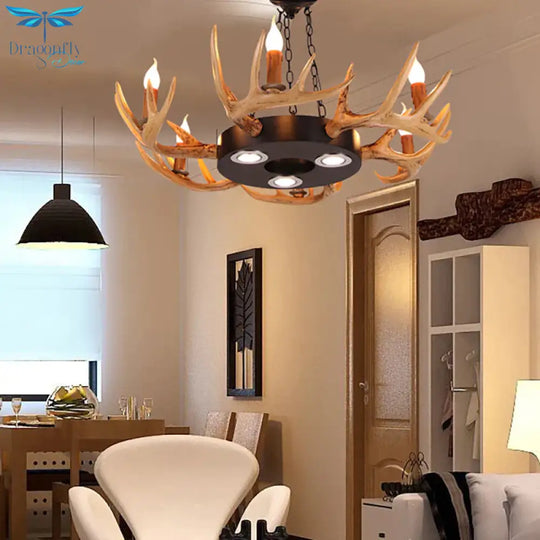 6 - Light Antler Chandelier Light Farmhouse Brown Resin Suspension Pendant For Living Room