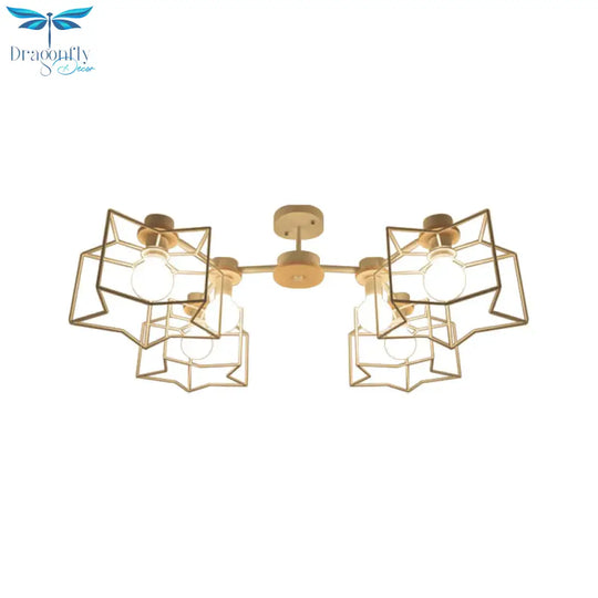 6 - Light Bedroom Hanging Chandelier Cartoon White Pendant Lamp With Cloud/Star Iron Cage And Wood