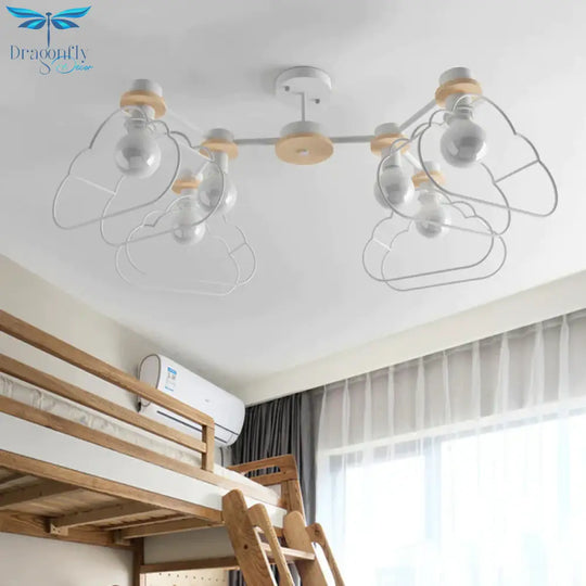 6 - Light Bedroom Hanging Chandelier Cartoon White Pendant Lamp With Cloud/Star Iron Cage And Wood