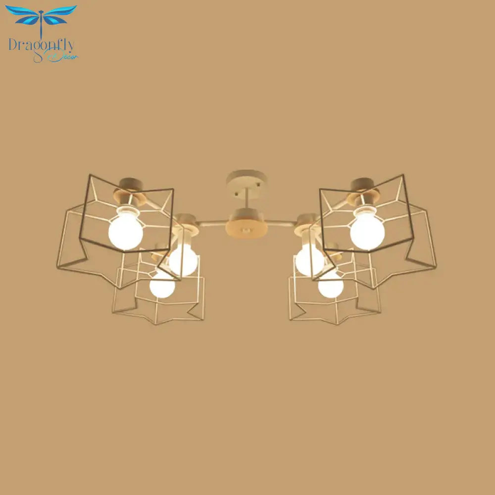 6 - Light Bedroom Hanging Chandelier Cartoon White Pendant Lamp With Cloud/Star Iron Cage And Wood