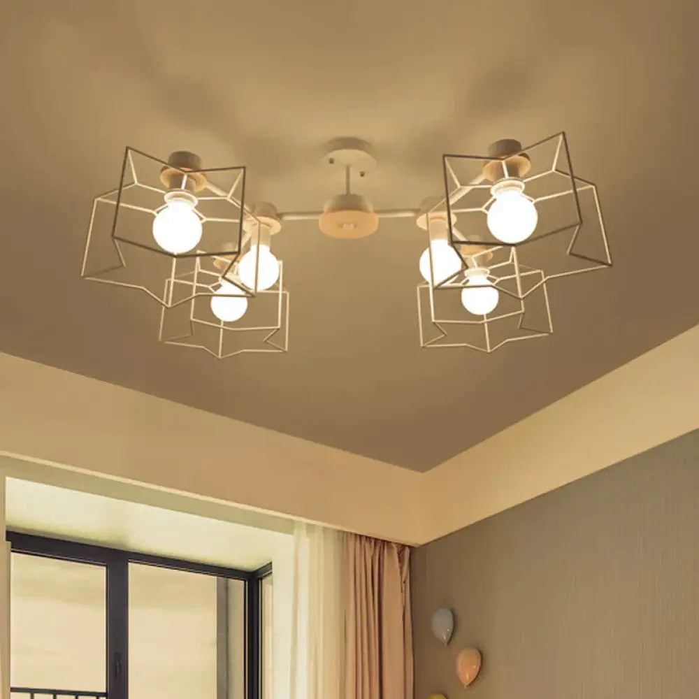 6 - Light Bedroom Hanging Chandelier Cartoon White Pendant Lamp With Cloud/Star Iron Cage And Wood